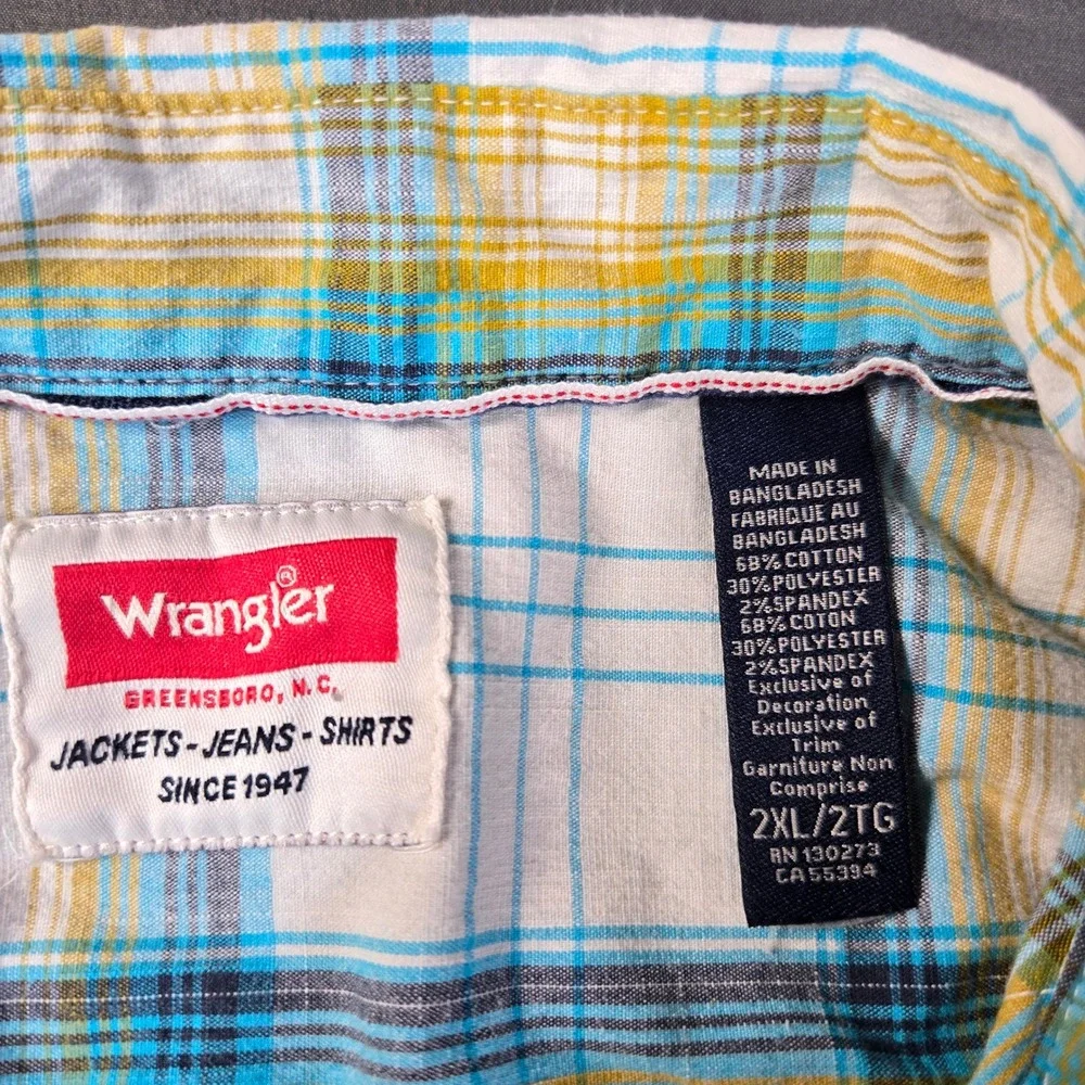 Wrangler Men's Size 2XL Blue Yellow Plaid Western Long Sleeve Button Down Shirt